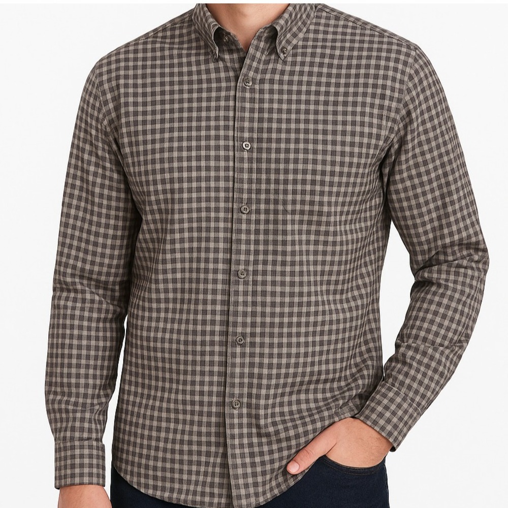 Van Heusen Men's Flex Shirt XL Gray Brown Plaid Button Front Long‎ Sleeve Top